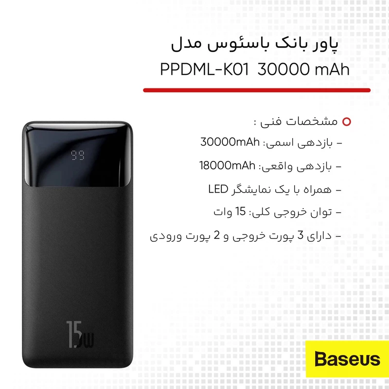 پاوربانک 30000 میلی آمپر 15 واتی بیسوس مدل Baseus Bipow PPBD0502